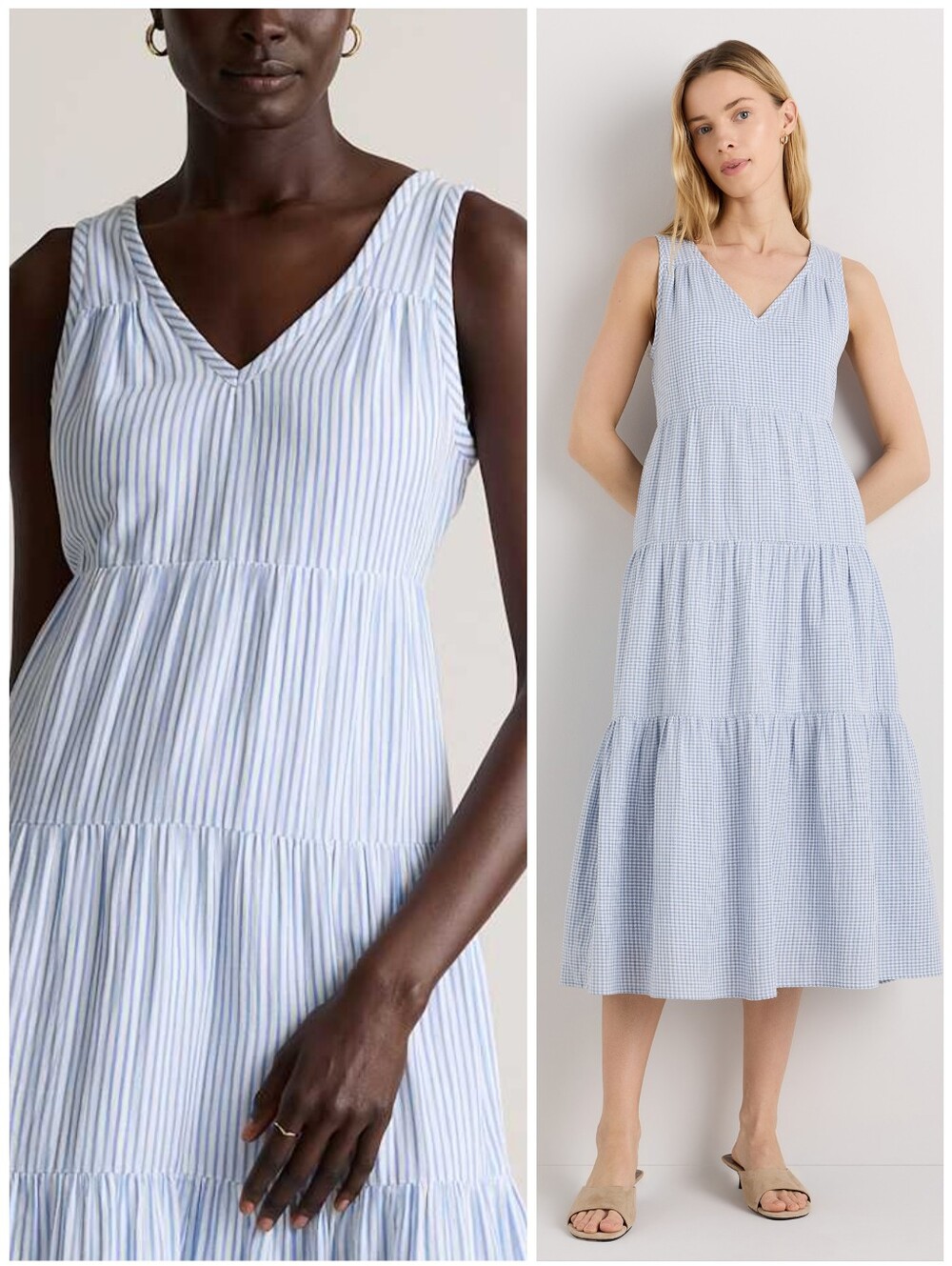 Quince Organic Cotton Gauze Blue White Bayside Stripe Tiered Dress, S